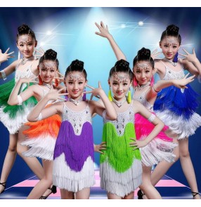 Neon green royal blue fuchsia hot pink violet purple orange fringes rhinestones girls kids children stage performance latin salsa ballroom dance dresses outfits costumes